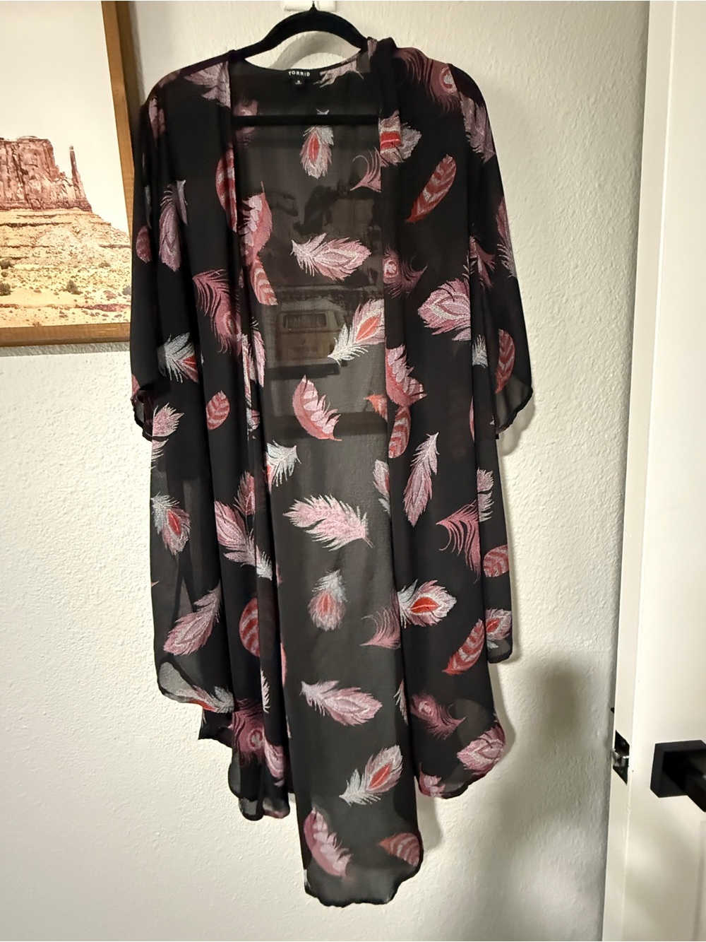 Torrid Black Feather Print Chiffon Kimono Duster Size 3 / 3X